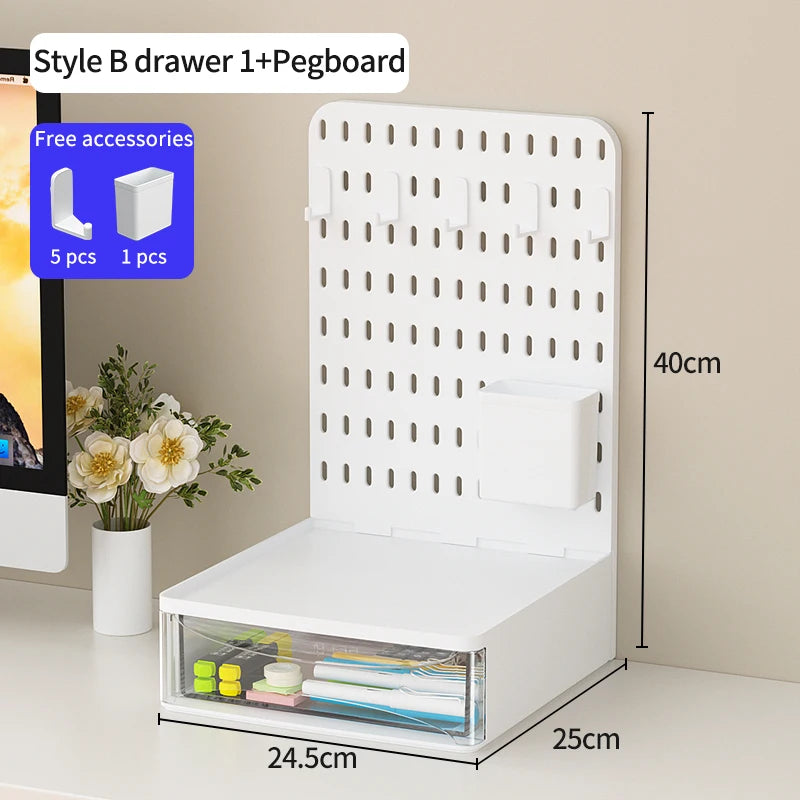 Office Desktop Pegboard With Storage Boxes, Large - Capacity Drawers, And Free - Combination Design.