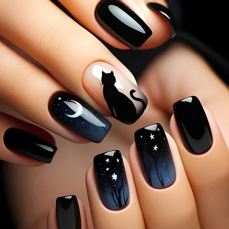 Y2K Star Press on Nails Gradient Black Fake Nails Medium Length Square False Nails Moon Designs for Women Girls Party Daily Use