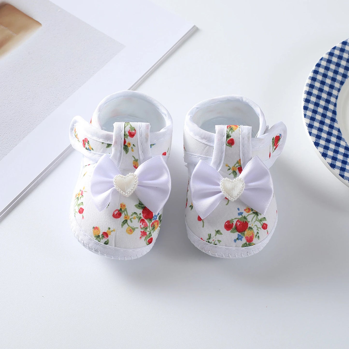 Baby Girls Flat Shoes, Soft Sole Bowknot Flower Print Non-slip Indoor Outdoor Toddler Shoes 0-12M