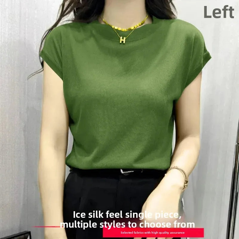 High Elasticity Ice Silk Thread Summer New Loose Women's T-Shirt Short Sleeve Crew Neck Simple Style Pure Color Top