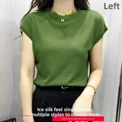 High Elasticity Ice Silk Thread Summer New Loose Women's T-Shirt Short Sleeve Crew Neck Simple Style Pure Color Top