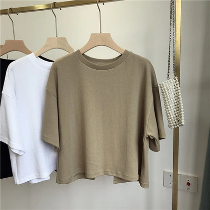 Short Backless T-shirt Women Sweet Spicy Style Summer Round Neck Loose Short Sleeve Top Trendy Korean Style Milk Silk Fabric