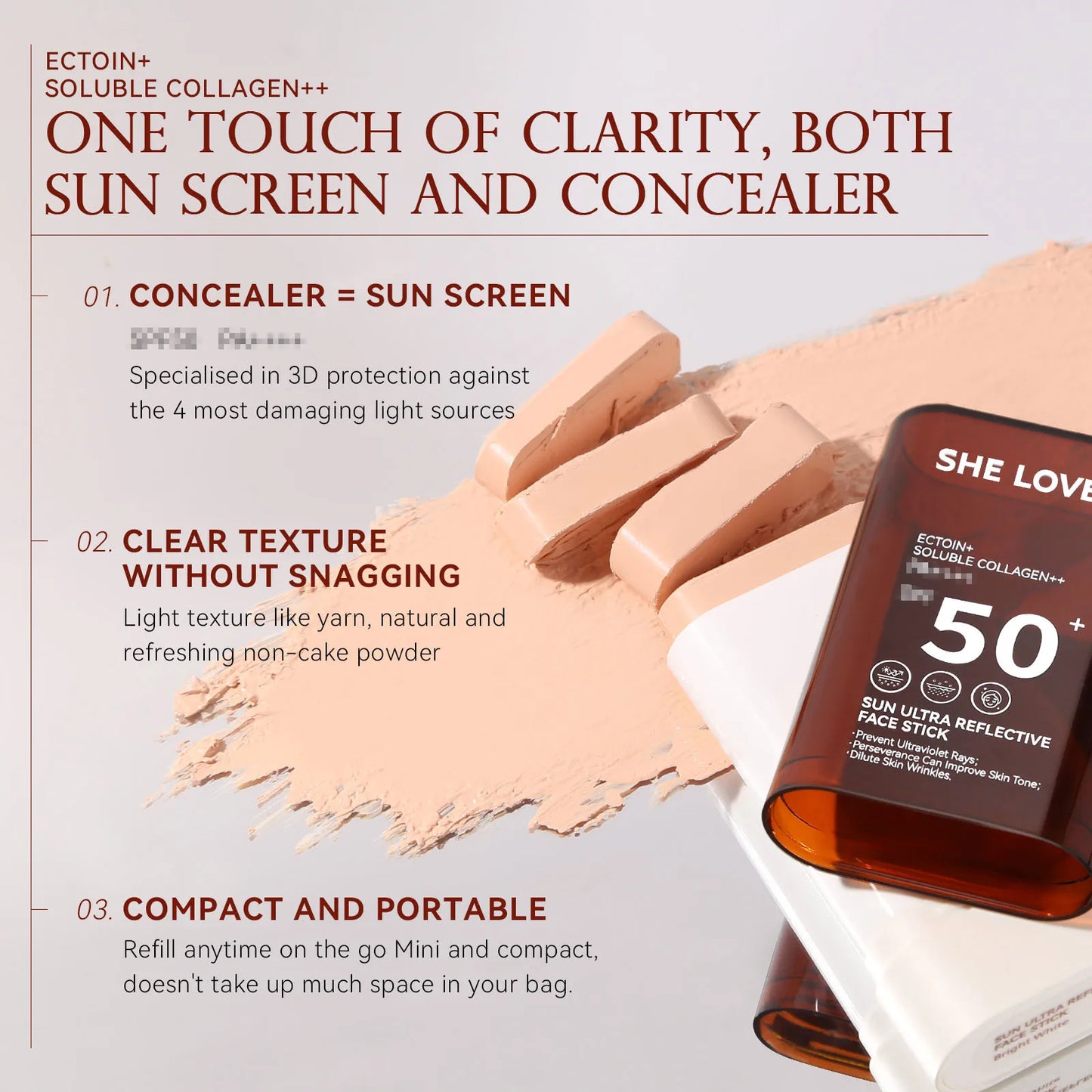 Longlasting Non-Transfer Full Coverage SPF Foundation Stick Lightweight Breathable Natural Finish Makeup Sun Protection Oil-Free
