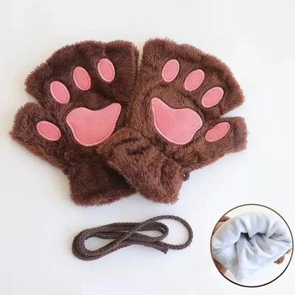 Cute Fashion Cat Paw Fingerless Gloves with Hanging Rope Soft Cold Proof Thickened Plush Gloves Suitable for Cycling and Writing