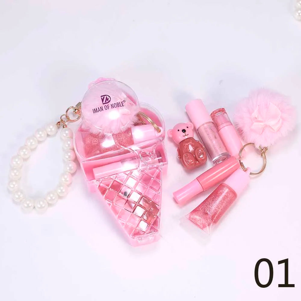 Cute Ice Cream Bear Lip Gloss Set Keychain Lip Gloss Waterproof Longlasting Girls Lips Makeup
