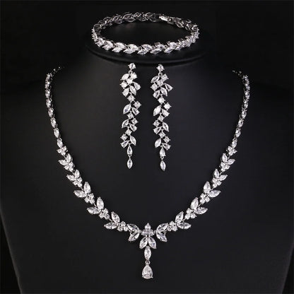 ZAKOL Luxury Brilliant Zirconia Leaf Necklace Earrings Rings Bracelets Set for Women CZ Drop Bridal Wedding Jewelry Sets
