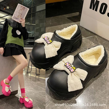 Women's Fairy Tale Style Thick Bottom Cotton Slippers Winter Waterproof Outdoor Cute Butterfly Knot Heel Fleece Lined Anti-sl...