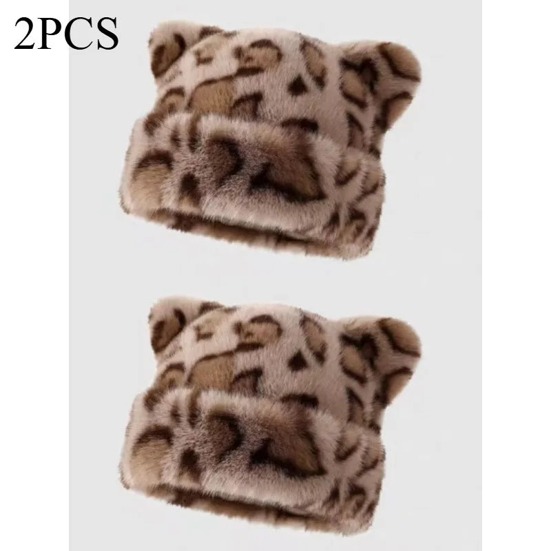 Leopard print plush teddy bear hat for women, sweet and cute, thick and warm, retro and versatile, hooded beanie.