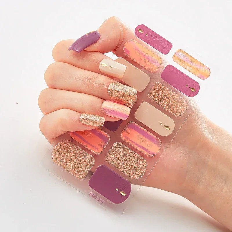 Semi Cured Gel Nail Sticker Pure Color UV LED Lamp Covered Waterproof Full Adhesive Long Self Nail Decals Manicure Lasting
