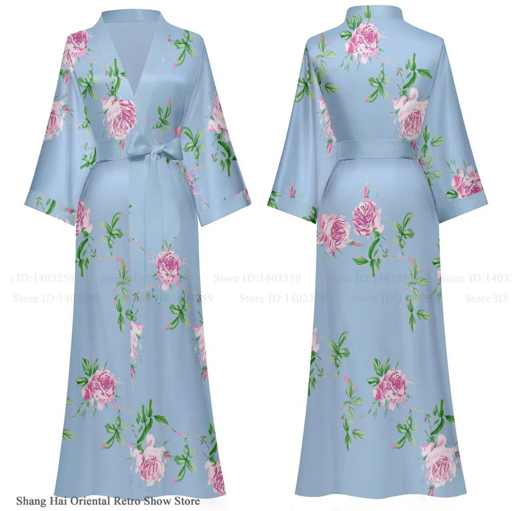 Elegant Print Flower Women Long Robe Loungewear Silky Satin Kimono Bathrobe Gown Spring Autumn New Sleepwear Home Dress Negligee