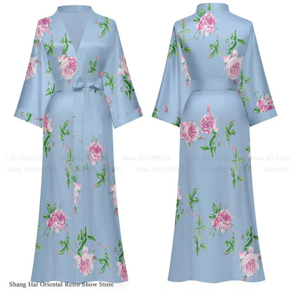 Elegant Print Flower Women Long Robe Loungewear Silky Satin Kimono Bathrobe Gown Spring Autumn New Sleepwear Home Dress Negligee