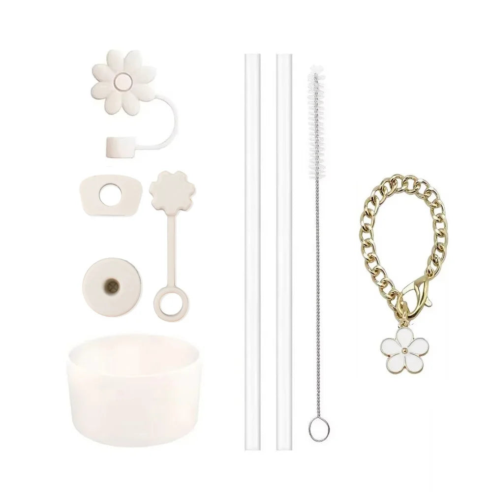 Cup Accessories for Stanley Cup Set of 9 Straw and Brush and 1 Flower Charm Chain 3 Spill Proof Stopper Flowers Straw Cover Boot