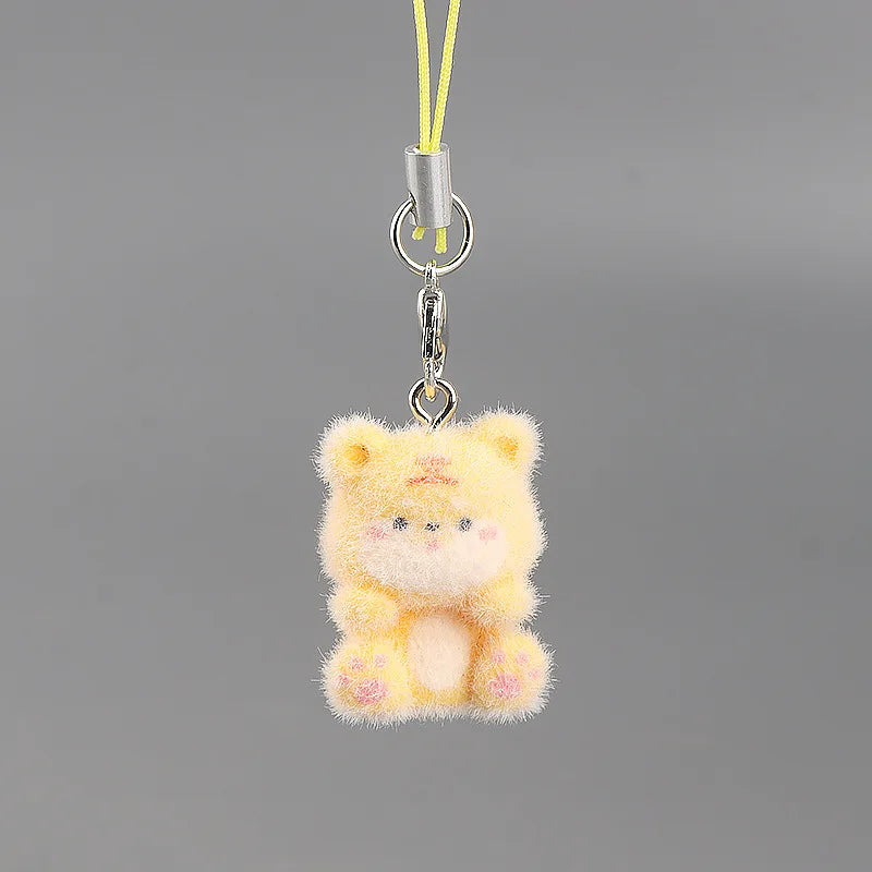 Cute Plush 3D Cat Keychain Creative Flocking Animal Pendant Bag Phone Lanyard Hanging Keycord Charm Keychain DIY Accessories