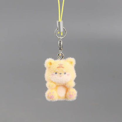 Cute Plush 3D Cat Keychain Creative Flocking Animal Pendant Bag Phone Lanyard Hanging Keycord Charm Keychain DIY Accessories