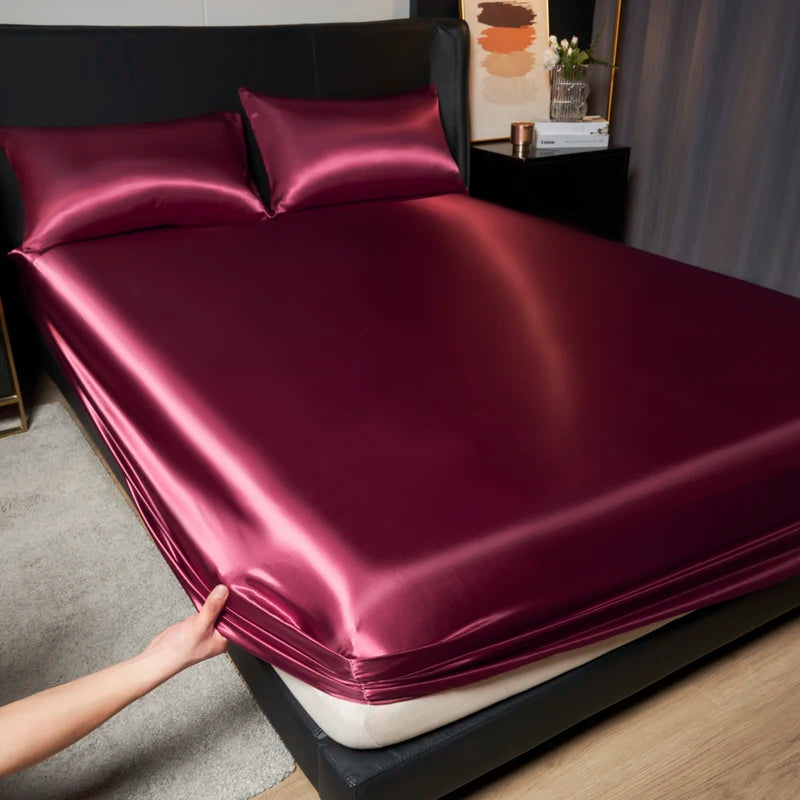 1Pc Satin Fitted Sheet Solid Colour Twin Full Queen Ice Silk Mattress Cover Natural With Elastic Band Bed Sheet (No Pillowcase)