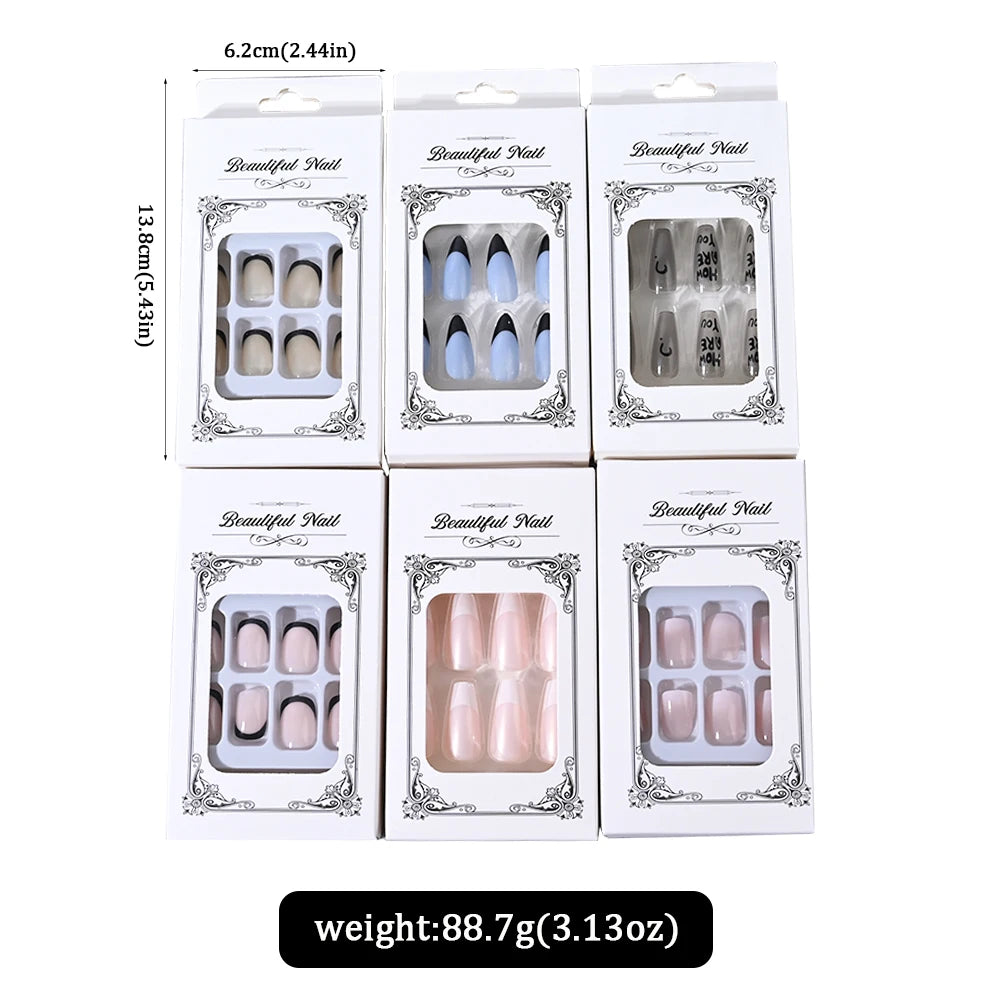 144pcs Random Pink French Fake Nails Set Mixed Short Square Medium Almond Design Press On Nails Glossy Nail Patch for Girl Women