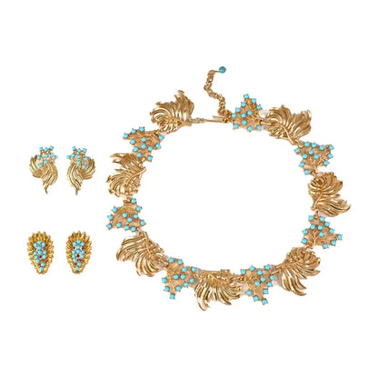 Vintagevintage Light Blue Rhinestone Vacuum-Plated Hollow Relief Elegant Necklace Earrings Jewelry Set For Special Occasions
