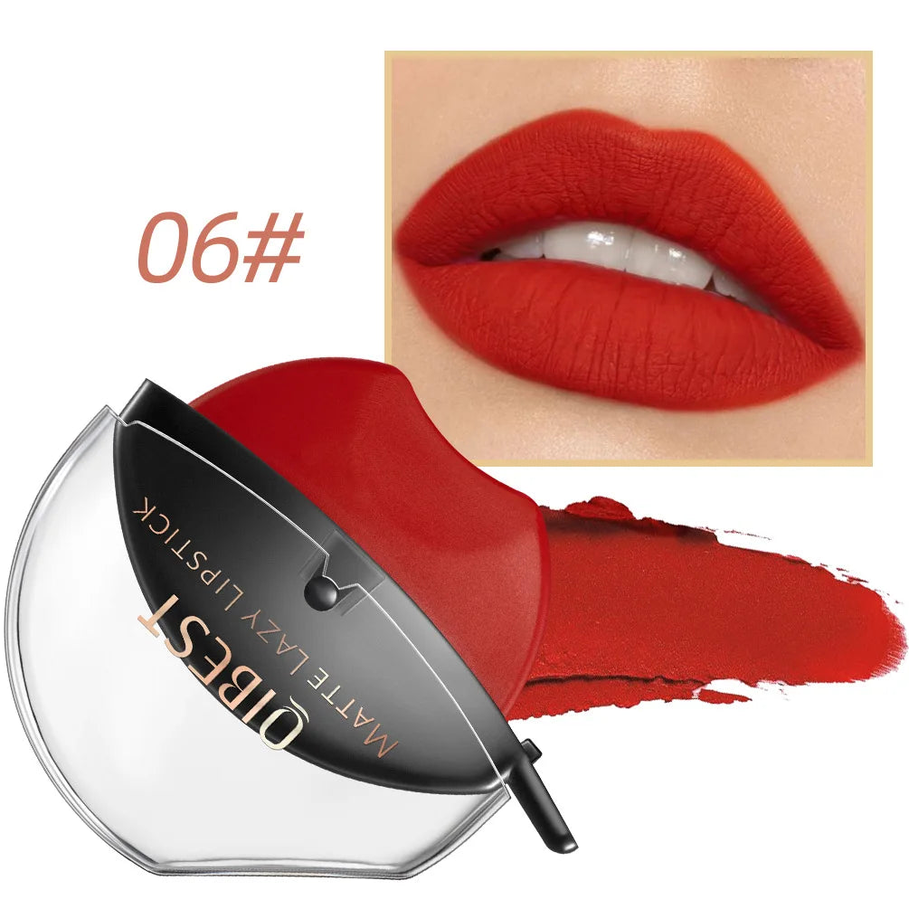 QIBEST Lip-shaped Lipstick Makeup Lazy Lipstick Velvet Matte Moisturizing Lip Gloss Waterproof Non-stick Cup Long Lasting Makeup