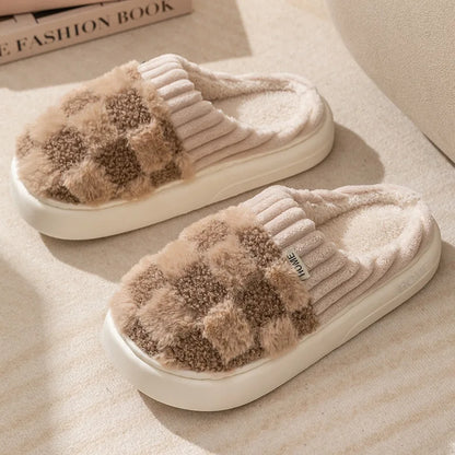 Litfun Winter Fur Fuzzy Slippers For Women New Pineapple Lattice Soft Sole Plush Shoes Non-slip Warm Home Fluffy Cotton Slippers