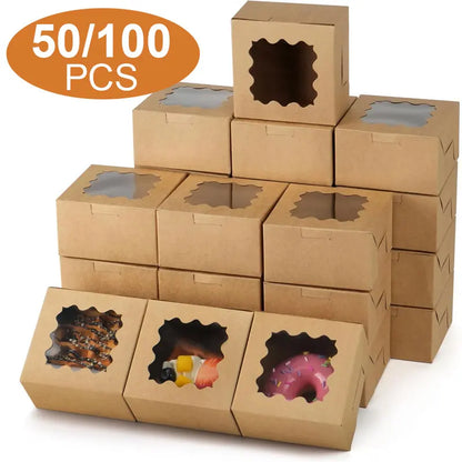 50/100Pcs Kraft Cake Boxes With Window, 4x4x2.5IN Dessert Pastry Macaron Bakery Boxes For Cake, Pastries, Chocolates, Biscuits