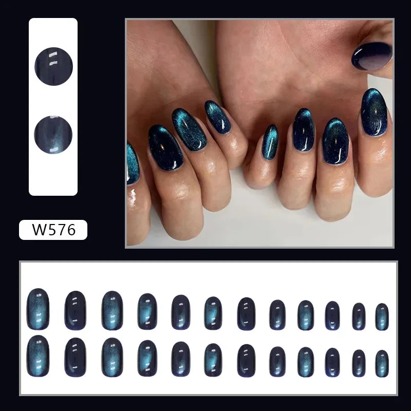 Fresh Green Tea 24 Pcs Fake Nail with Jelly sticker Press on False Nails Wearable Round Head Oval Full Cover Nail Tips