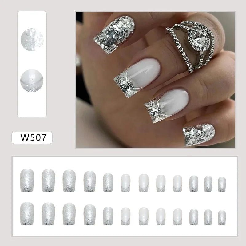 Fresh Green Tea 24 Pcs Fake Nail with Jelly sticker Press on False Nails Wearable Round Head Oval Full Cover Nail Tips