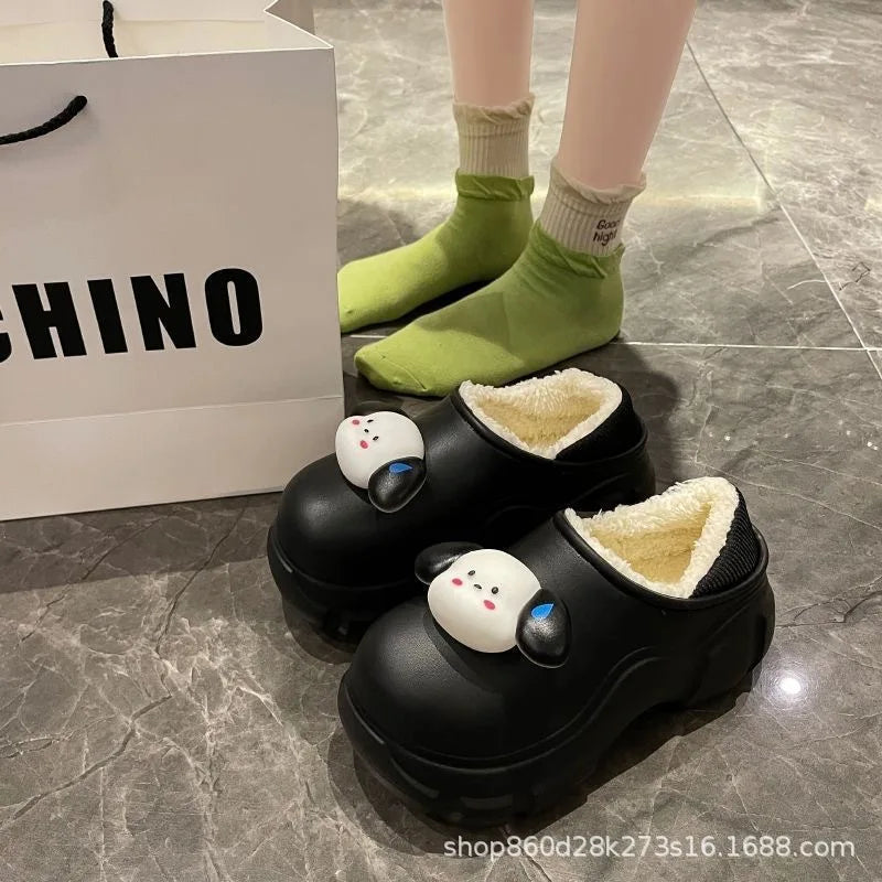 Women's Fairy Tale Style Thick Bottom Cotton Slippers Winter Waterproof Outdoor Cute Butterfly Knot Heel Fleece Lined Anti-sl...