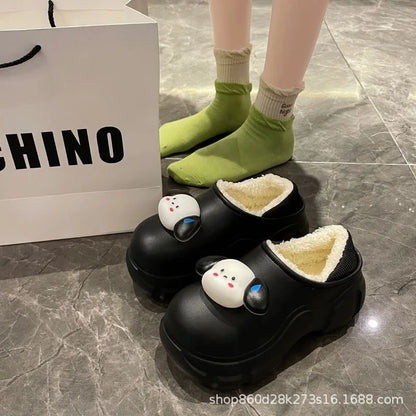 Women's Fairy Tale Style Thick Bottom Cotton Slippers Winter Waterproof Outdoor Cute Butterfly Knot Heel Fleece Lined Anti-sl...