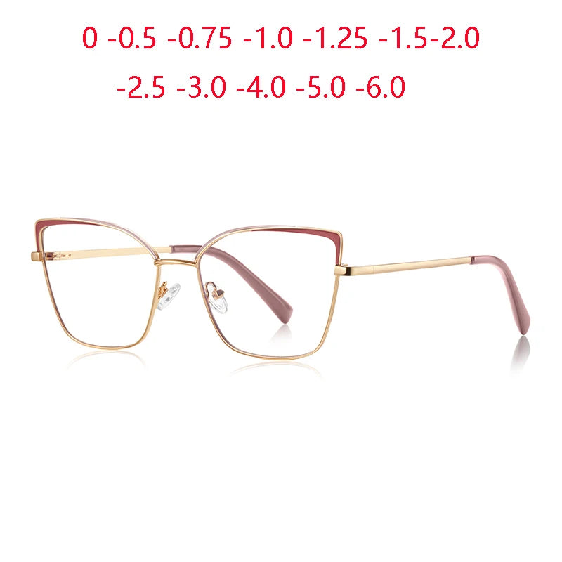 0 -0.5 -0.75 To -6.0 Pink Gold Frame Cat Eye Minus Myopia Glasses Women 1.56 Aspheric Anti Blue Light Prescription Spectacles