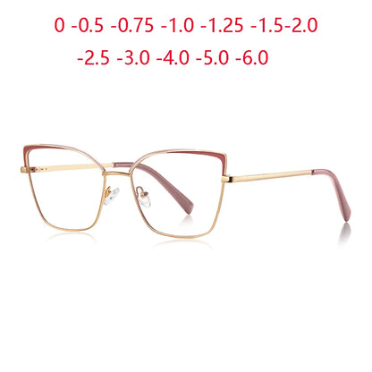 0 -0.5 -0.75 To -6.0 Pink Gold Frame Cat Eye Minus Myopia Glasses Women 1.56 Aspheric Anti Blue Light Prescription Spectacles
