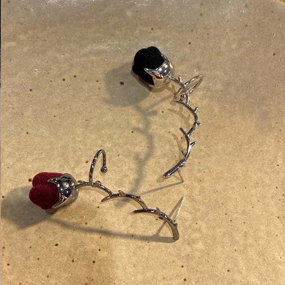 Vintage Red Velvet Rose Flower Thorn Clip Earrings For Women Fashion Creative Without Piercing  Ear Cuff Party Jewelry Gifts