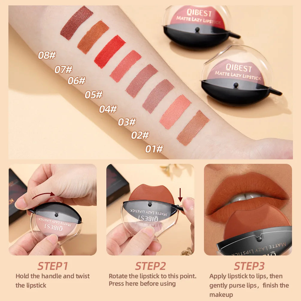 QIBEST Lip-shaped Lipstick Makeup Lazy Lipstick Velvet Matte Moisturizing Lip Gloss Waterproof Non-stick Cup Long Lasting Makeup