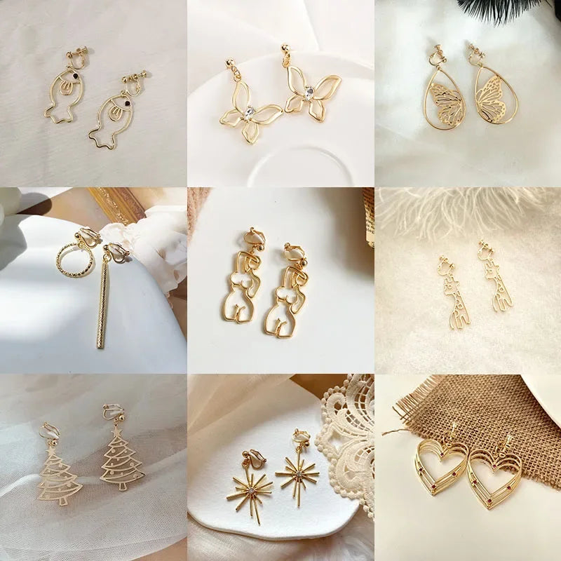 Korean Temperament Gold Color Butterfly Earrings Fashion Simple Hollow Out Geometric Clip on Earrings for Women Without Piercing