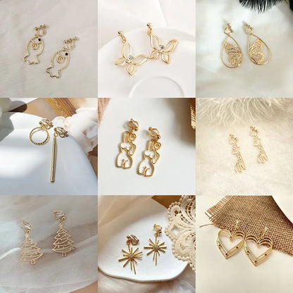 Korean Temperament Gold Color Butterfly Earrings Fashion Simple Hollow Out Geometric Clip on Earrings for Women Without Piercing