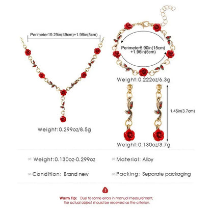 Vintage French Red Rose Flower Necklace Bracelet Set for Women Fashion Romantic Clavicle Chain Necklace Engagement Jewelry Gifts