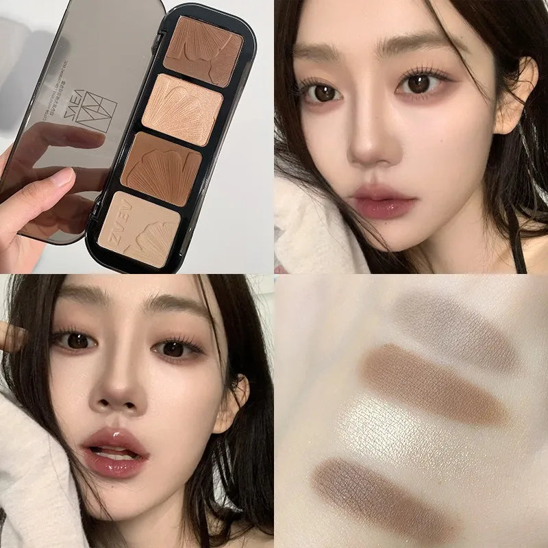 4-in-1 Contour Highlighter Palette Matte Bronzer & Shimmer Highlighter Compact Nose Contour Powder Face Sculpting Makeup Palette