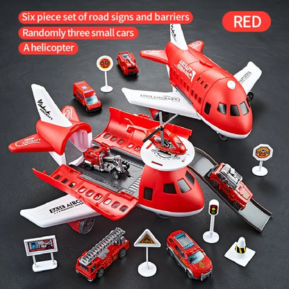 Children's Airplane Car Toy, Inertial Airplane Model, Equipped with 6 Road Signs Random 3 Cars 1 Helicopter, Christmas Gift