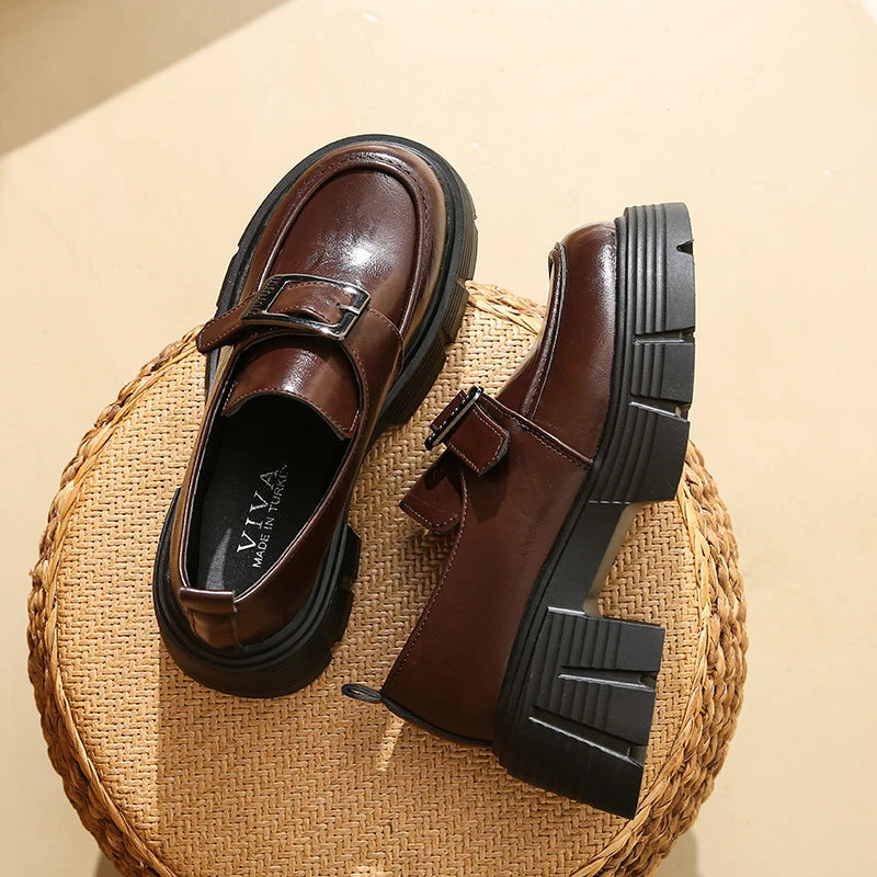 Versatile Loafers New Spring/Autumn Retro British-Style Leather Platform Shoes