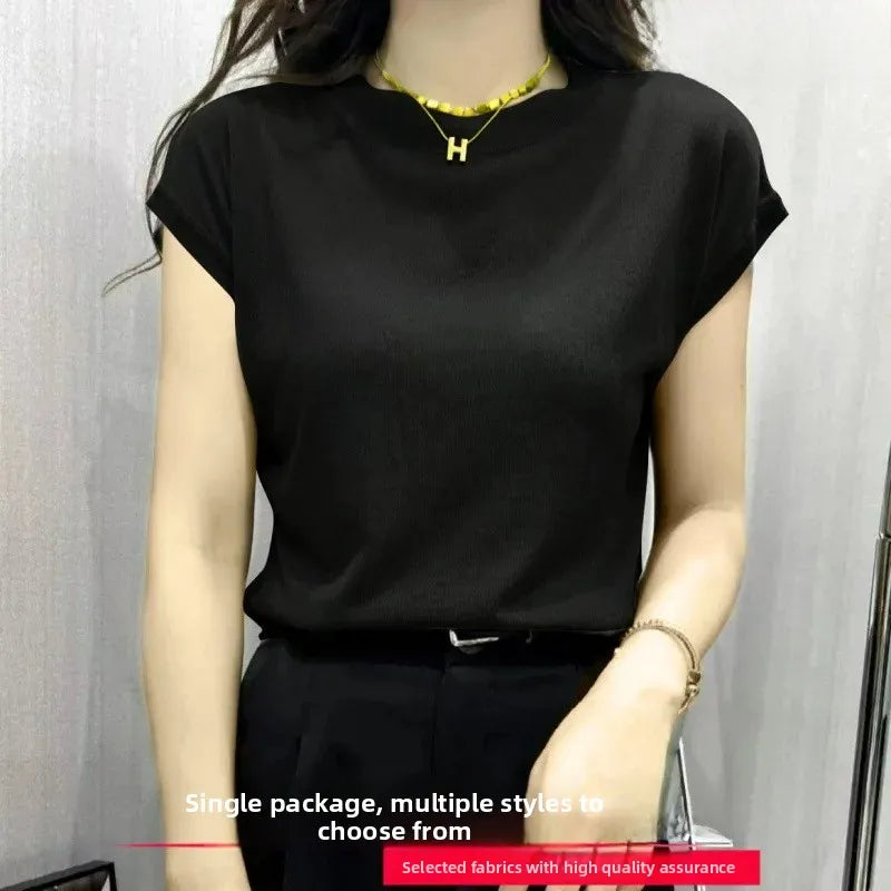 High Elasticity Ice Silk Thread Summer New Loose Women's T-Shirt Short Sleeve Crew Neck Simple Style Pure Color Top