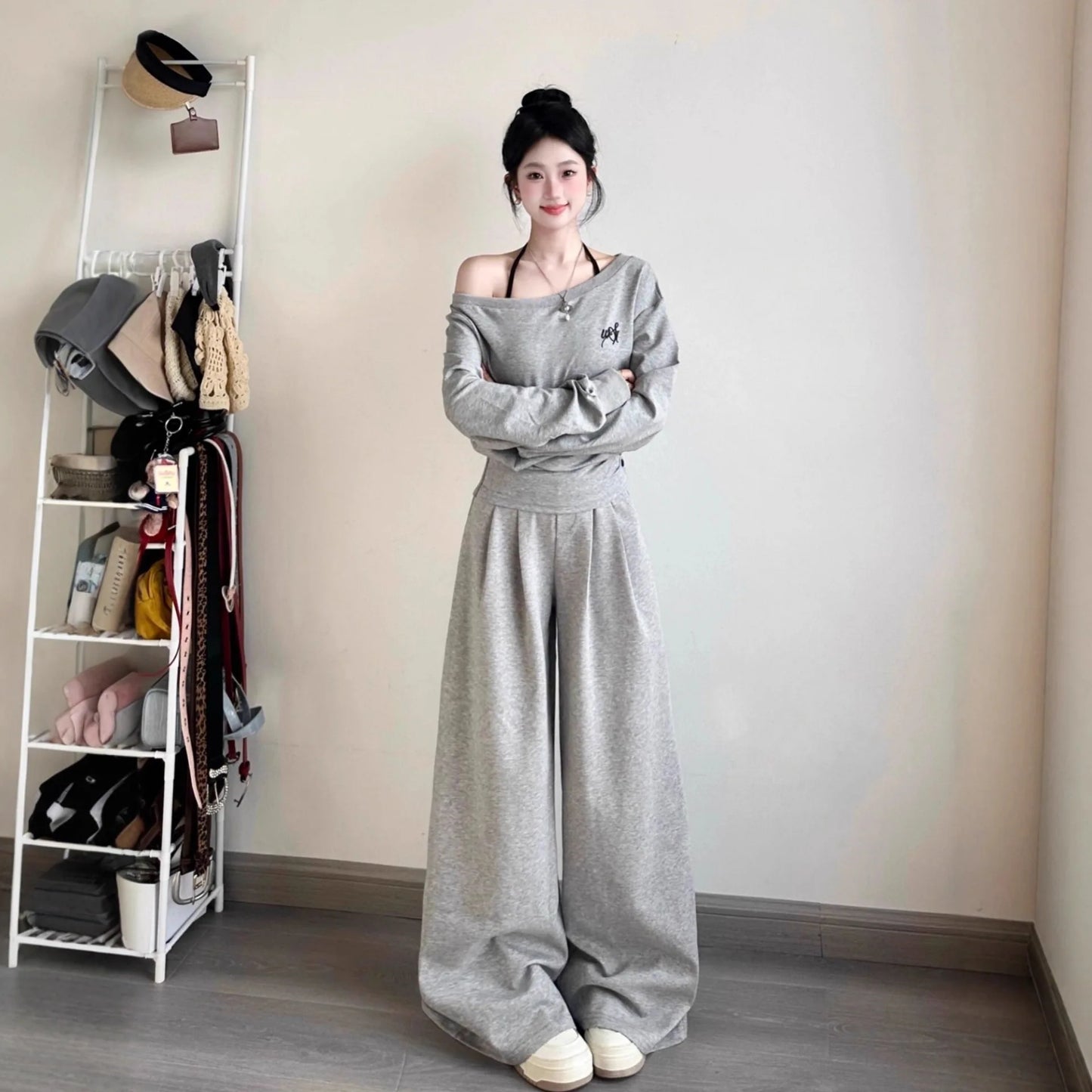 Elegant Shoulder Casual Sporty Loose Women's Short Sleeve Two-Piece Set Korean Style Fashion Wide Leg Pants Slimming