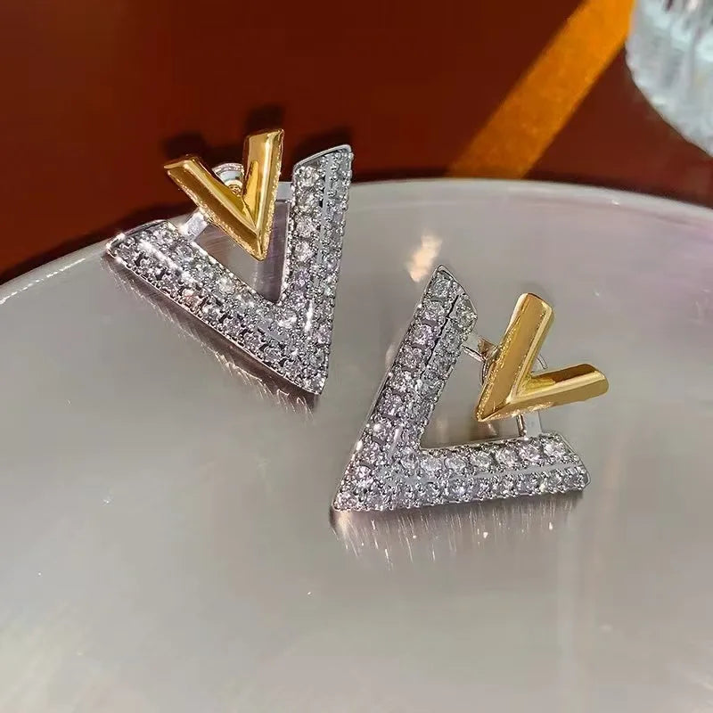 925 Silver Needle Korean Fashion Double V Crystal Earrings For Women Jewelry 2026 Trending Luxury Women's Earrings Behind Ear