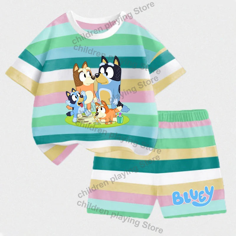Blueyi Series Child Stripes Sets Summer Girls Boys T-Shirt Shorts Suits Cartoon Bingo Casual Sport Clothes Kids Sleepwear Gifts