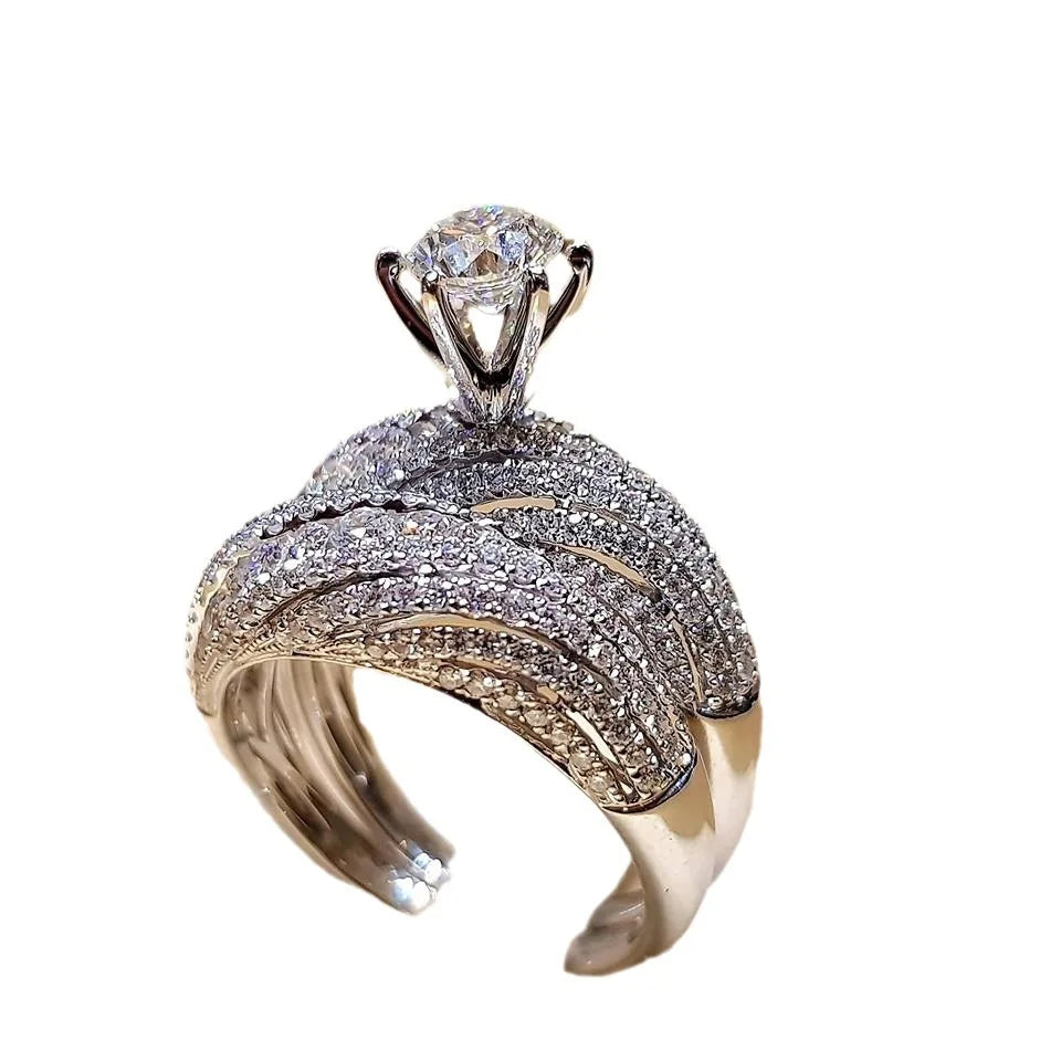 Silver Plated Double Ring Zirconia Wedding Ring For Women Minimalist And Luxurious Engagement Jewelry Wedding Anniversary Gift