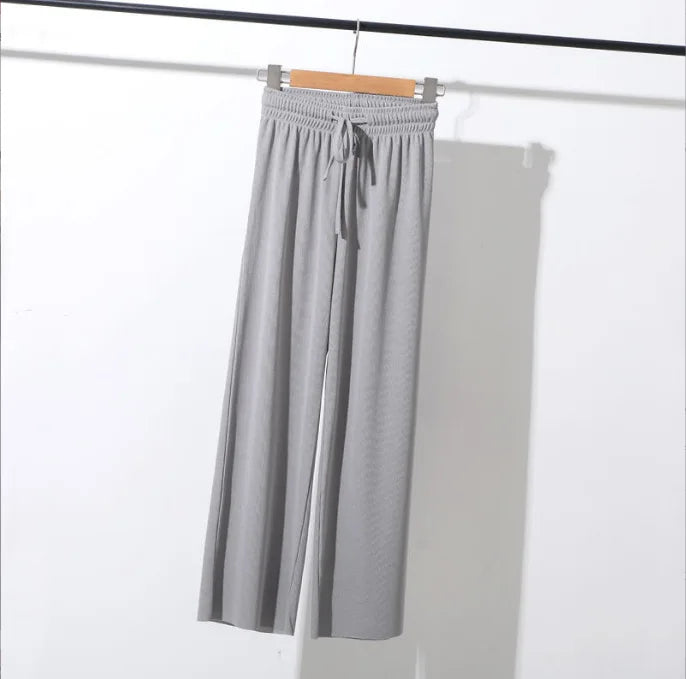 Spring Summer Ice Silk Fitness Wide Leg Pleated Straight Pants Women High Elastic Drawstring Solid Full Trousers JYZZ-AL5718
