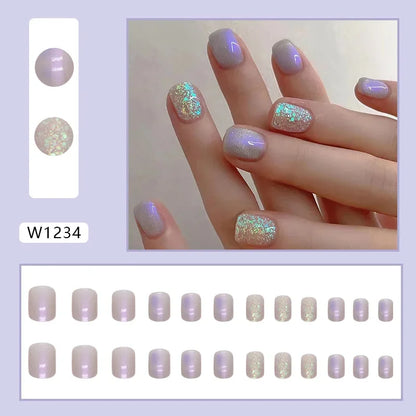 Fresh Green Tea 24 Pcs Fake Nail with Jelly sticker Press on False Nails Wearable Round Head Oval Full Cover Nail Tips