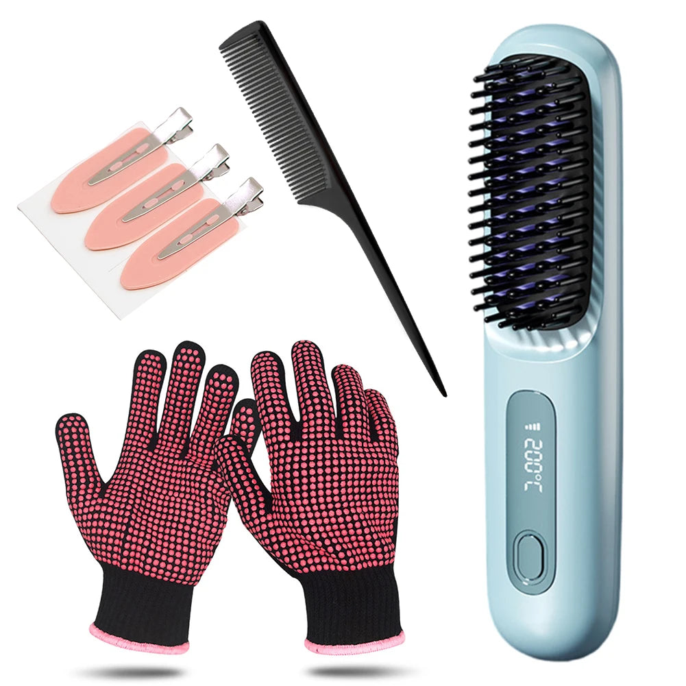 Portable Straightener Brush Cordless Hair Straightener Brush 3Setting Temperature Rechargeable Ceramic Hot Comb Brush for Travel