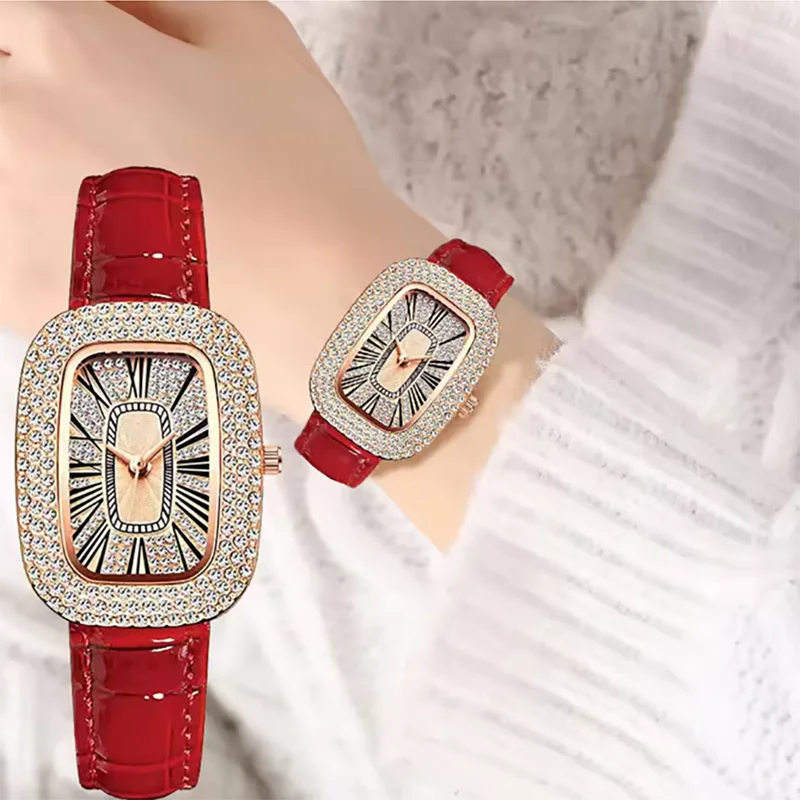 Trendy and fashionable women's leather strap watch with diamond inlay, water diamond wine barrel, women's quartz watch