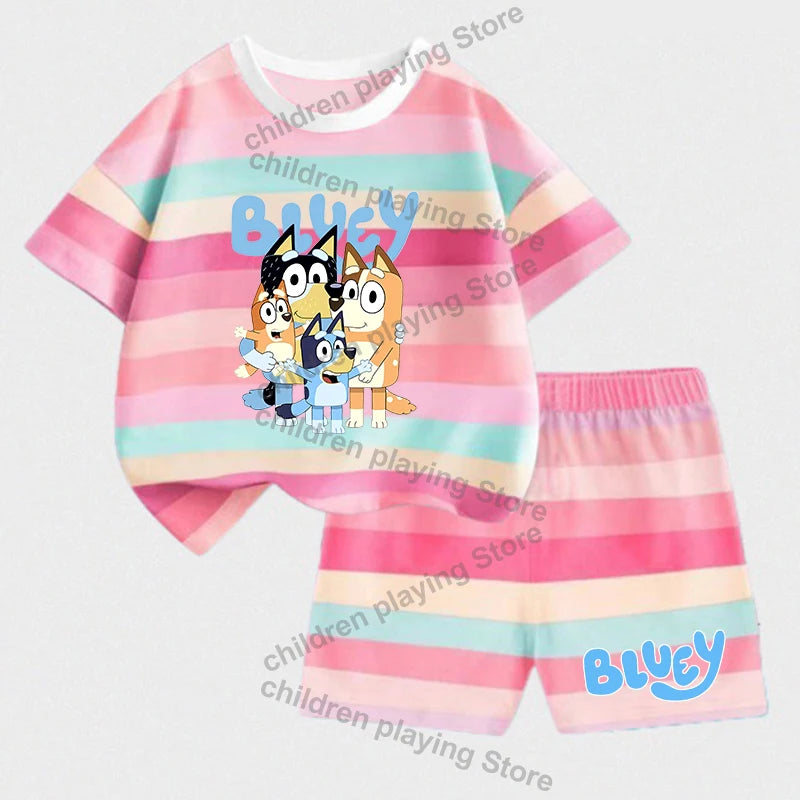 Blueyi Series Child Stripes Sets Summer Girls Boys T-Shirt Shorts Suits Cartoon Bingo Casual Sport Clothes Kids Sleepwear Gifts