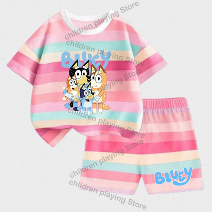 Blueyi Series Child Stripes Sets Summer Girls Boys T-Shirt Shorts Suits Cartoon Bingo Casual Sport Clothes Kids Sleepwear Gifts