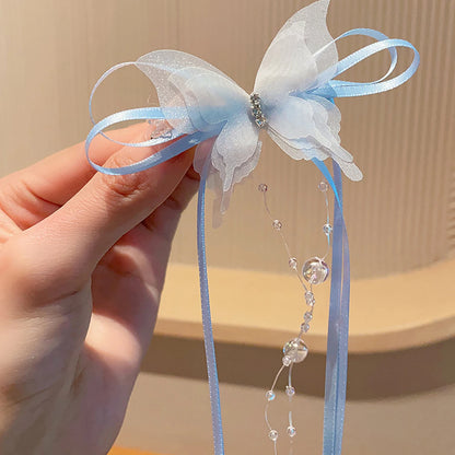 New Butterfly Tassel Baby Girl Hair Clips Sweet Long Ribbon Pearl Duck Tongue Clips Princess Sided Clips Kids Hair Accessories